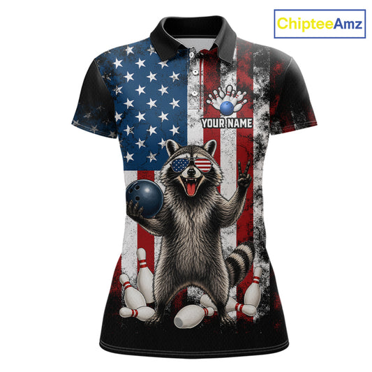 Custom us flag raccoon bowling jersey for women, personalized team bowling polo shirt front view