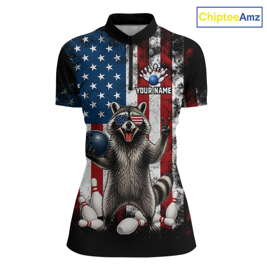 Custom us flag raccoon bowling jersey for women, personalized team bowling quarter zip shirt front view