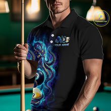 Load image into Gallery viewer, Man wearing a black polo shirt with a colorful design and text, holding a pool cue in a billiards setting.