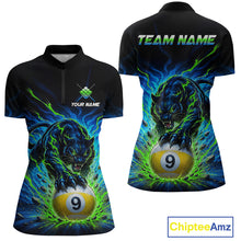 Load image into Gallery viewer, Black polo shirt with a panther and pool ball design on a white background, featuring 'Chiptee Amz' branding.