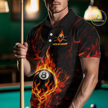 Load image into Gallery viewer, Man wearing a black shirt with a fire-themed design holding a pool cue in a billiards setting.