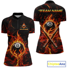 Load image into Gallery viewer, Two polo shirts with fiery designs and customizable text on a white background.