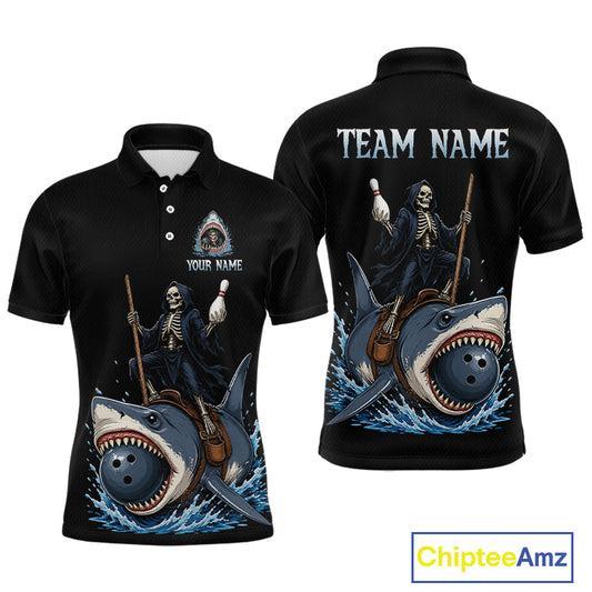 Black polo shirt with skeleton and shark design on a white background, featuring 'Chiptee Amz' branding.