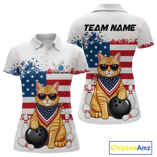 Custom us flag cat bowling jersey for women, personalized team bowling polo shirt front view and back view