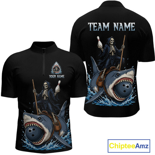 Black short-sleeve athletic quarter-zip shirt shown from front and back on a white background. The front and back feature a large graphic of a skeleton riding a shark with bowling pins, plus customizable text areas reading TEAM NAME and YOUR NAME.