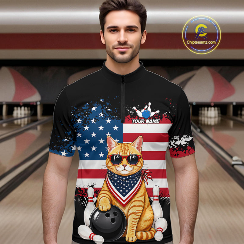 Men’s us flag cat bowling quarter zip shirt, front view on male model in bowling lane 