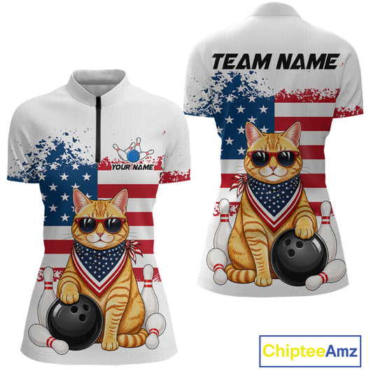 Custom us flag cat bowling jersey for women, personalized team bowling quarter zip shirt front view and back view