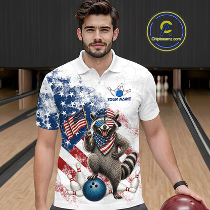 Men’s us flag raccoon bowling polo shirt, front view on male model in bowling lane 