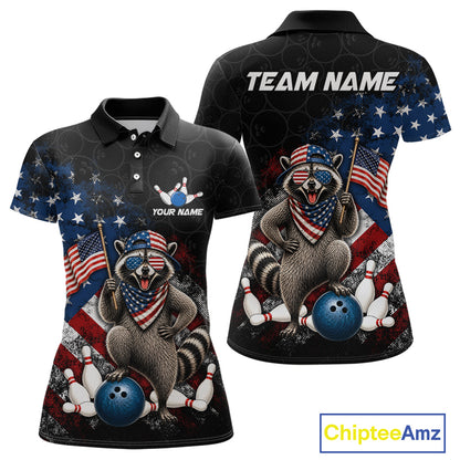 Custom us flag raccoon bowling jersey for women, personalized team bowling polo shirt front view and back view