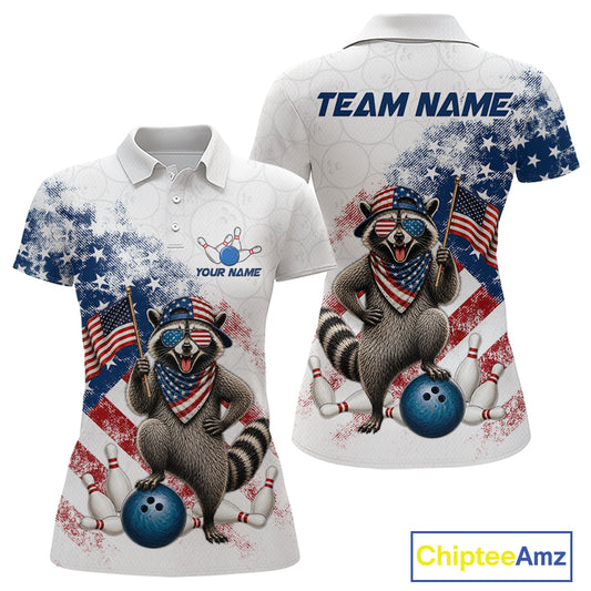 Custom us flag raccoon bowling jersey for women, personalized team bowling polo shirt front view and back view