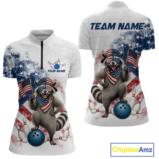 Custom us flag raccoon bowling jersey for women, personalized team bowling quarter zip shirt front view and back view