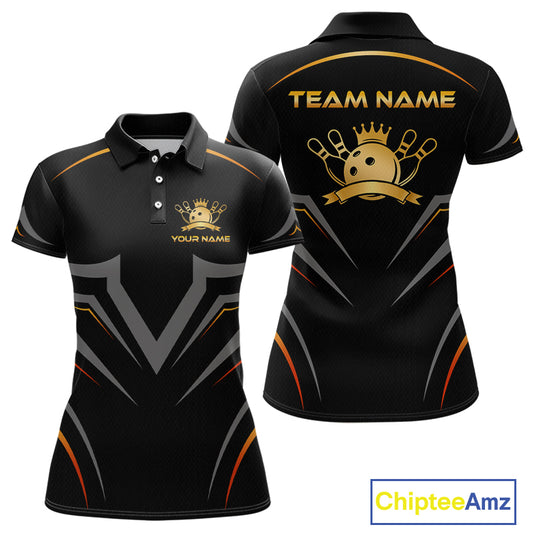 Black polo shirt with gold and orange accents, featuring a team logo and text on a white background.