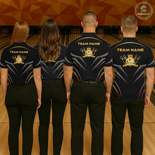Load image into Gallery viewer, Four people wearing matching bowling shirts with a team name on a bowling alley.