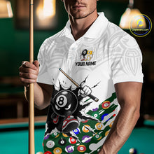 Load image into Gallery viewer, Man holding a pool cue wearing a white polo shirt with a colorful pool ball design and text.