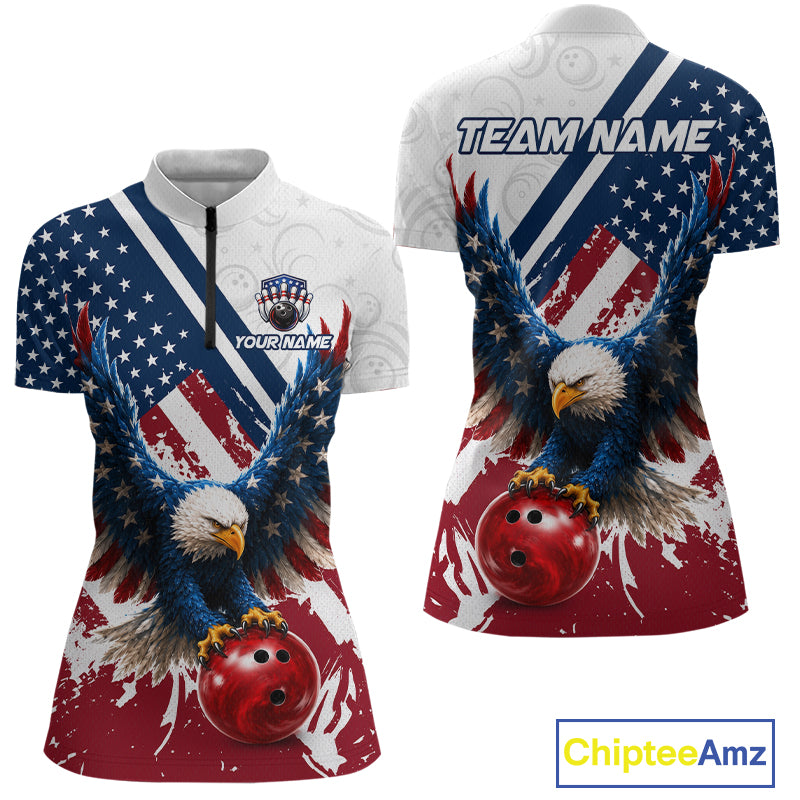 Front and back views of a women's short-sleeve quarter-zip performance shirt featuring a patriotic American flag design with a bald eagle and red bowling balls. The shirt includes customizable text areas reading 'TEAM NAME' and 'YOUR NAME'.