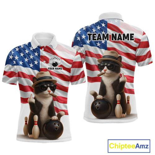 Custom US Flag Funny Cat Bowling Jersey for Men Bowling Uniform Bowling Team Shirts HNT127