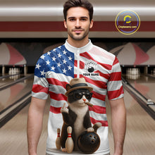 Load image into Gallery viewer, Custom US Flag Funny Cat Bowling Jersey for Men Bowling Uniform Bowling Team Shirts HNT127