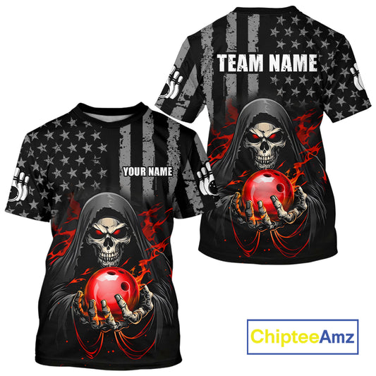 T-shirt with grim reaper design holding red bowling balls, customizable text, and ChipteeAmz branding.