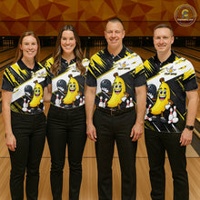 Load image into Gallery viewer, Four people wearing matching bowling shirts with a banana design on a bowling alley.