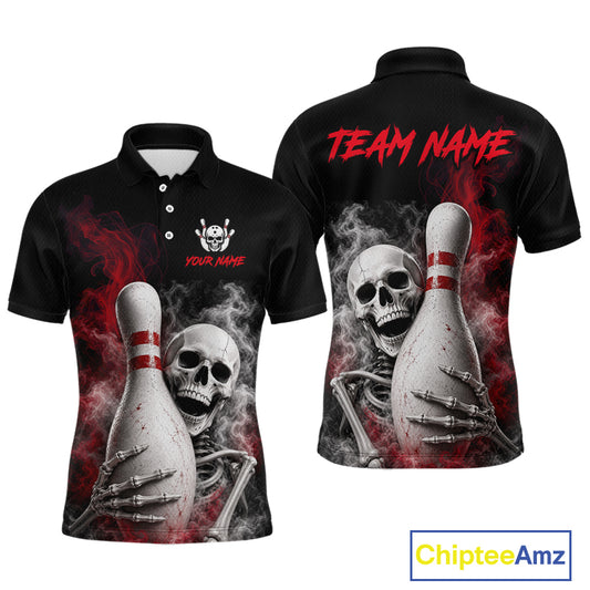 Black short-sleeve polo shirt shown from front and back with a skull and bowling pin graphic, red smoke effects, and customizable text areas reading TEAM NAME and YOUR NAME. A ChipteeAmz logo appears in the bottom right corner.