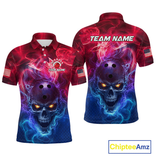 Front and back views of a short-sleeve polo shirt featuring a dramatic skull graphic with glowing yellow eyes surrounded by red, purple, and blue smoke effects. The front has a 'TOUGH NAME' logo on the chest, and the back has 'TEAM NAME' printed across the shoulders.