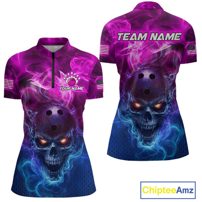 Front and back views of a women's short-sleeve cycling jersey featuring a glowing skull graphic with purple, pink, blue, and black smoke effects. The front has a half-zip collar, a circular logo on the chest, and a small American flag on the sleeve.