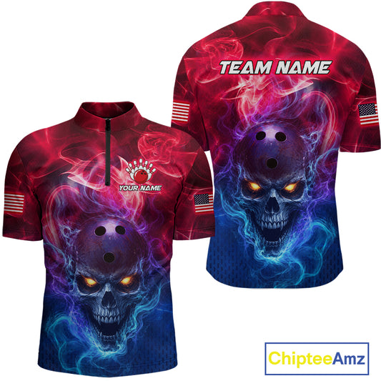 A short-sleeve quarter-zip athletic jersey shown from the front and back on a white background. The jersey features a dramatic red-to-blue gradient with a large skull graphic in the center, glowing orange eyes, and customizable text areas including 'TEAM NAME' and 'YOUR NAME'.
