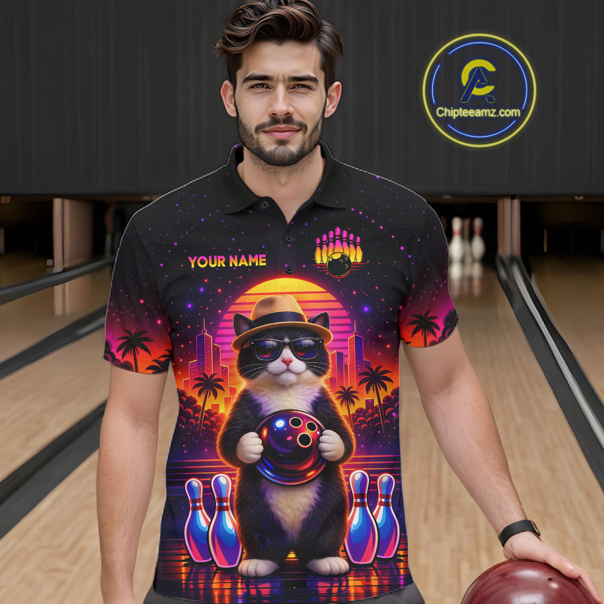 Custom Funny Neon Cat Bowling Jersey for Men Bowling Tournament Polo & 1/4 Zip Bowling Team Shirts HNT210