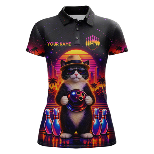 Custom Funny Neon Cat Bowling Jersey for Women Bowling Tournament Polo & 1/4 Zip Bowling Team Shirts HNT210