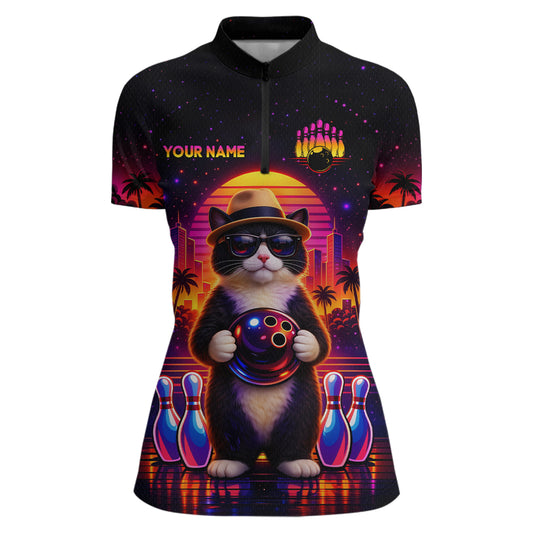 Custom Funny Neon Cat Bowling Jersey for Women Bowling Tournament Polo & 1/4 Zip Bowling Team Shirts HNT210