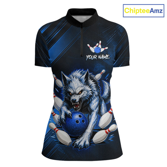 Wolf Bowling Shirts for Women Custom Blue Wolf Bowling Team Jersey Bowling League HNT284