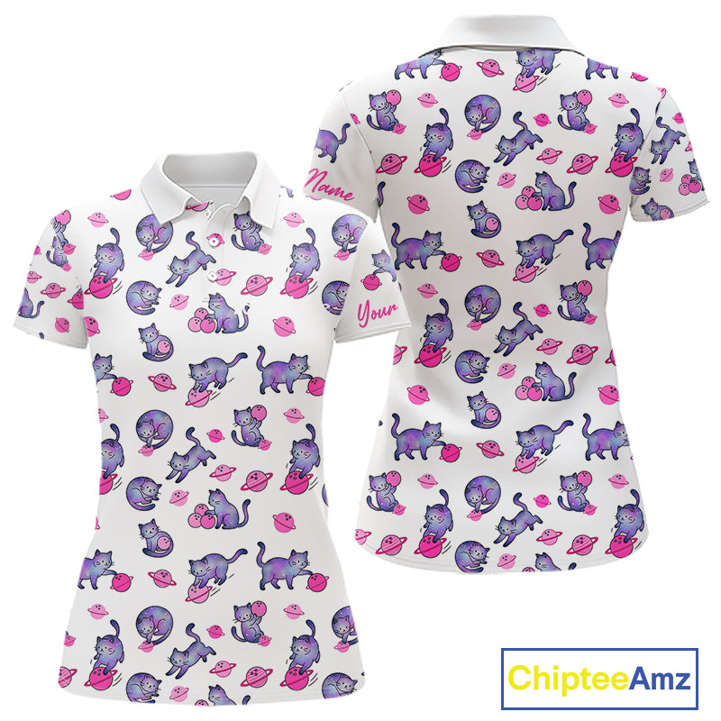 White polo shirt with pink cat pattern and 'Chiptee Amz' branding