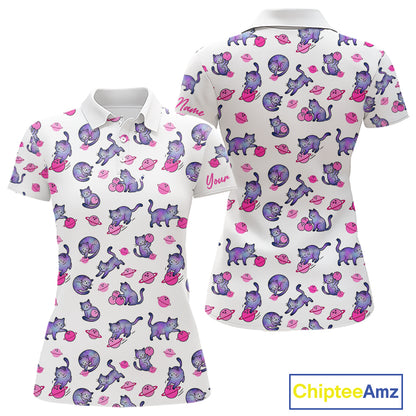 White polo shirt with pink cat pattern and 'Chiptee Amz' branding