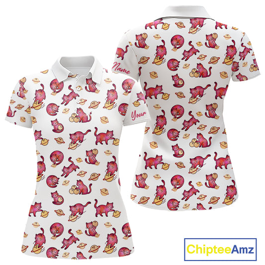 Women polo shirt with red cat pattern and 'Chiptee Amz' branding.