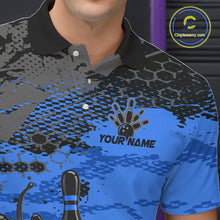 Load image into Gallery viewer, Blue and black patterned polo shirt with bowling design and 'Your Name' text, brand logo visible.
