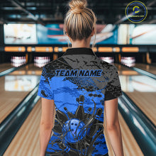 Load image into Gallery viewer, Person wearing a blue and black bowling shirt with 'TEAM NAME' on a bowling alley.