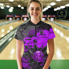 Load image into Gallery viewer, Woman wearing a custom bowling shirt with a design and text in a bowling alley.