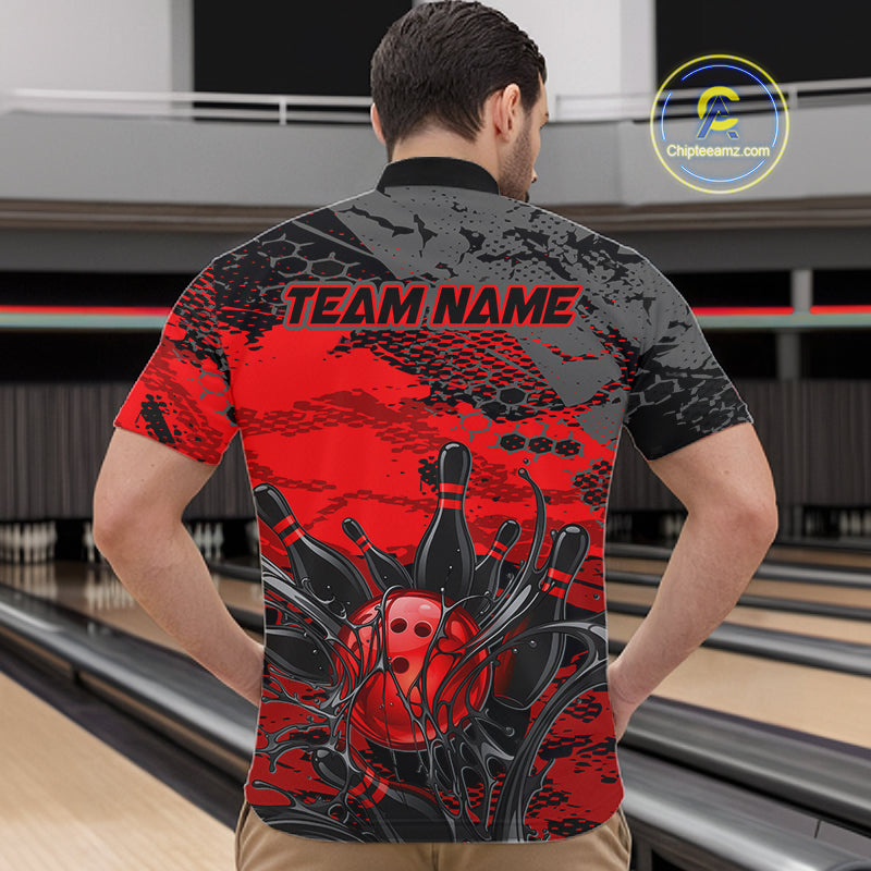 Person wearing a red and black bowling shirt with 'TEAM NAME' text at a bowling alley.