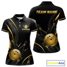 Load image into Gallery viewer, Black and gold bowling-themed polo shirt with customizable text on a white background