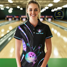 Load image into Gallery viewer, Woman wearing a custom bowling shirt with a logo and text in a bowling alley.