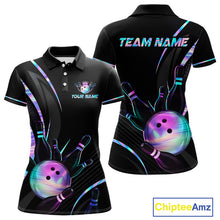 Load image into Gallery viewer, Black bowling-themed polo shirt with colorful design and 'Team Name' text on a white background.