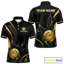 Load image into Gallery viewer, Black and gold bowling-themed polo shirt with customizable text on a white background