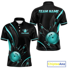 Load image into Gallery viewer, Black and teal bowling-themed polo shirt with customizable text on a white background