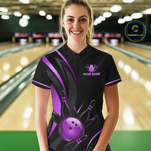 Load image into Gallery viewer, Person wearing a personalized bowling shirt with a purple design in a bowling alley.