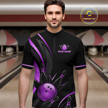 Load image into Gallery viewer, Man wearing a black and purple bowling shirt with a personalized logo in a bowling alley.