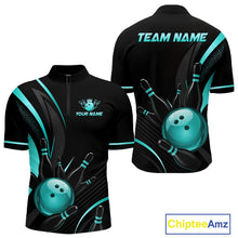 Load image into Gallery viewer, Black bowling jersey with teal accents and customizable text on a white background
