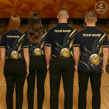 Load image into Gallery viewer, Four people wearing matching bowling team shirts with 'Team Name' on a bowling alley background.