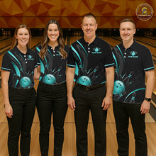 Load image into Gallery viewer, Four people wearing matching bowling team shirts on a bowling alley.