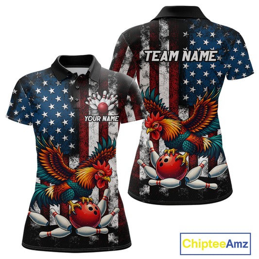 Custom Rooster US Flag Bowling Jersey for Women Bowling Team Shirts Bowling Polo & 1/4 Zip HNT259