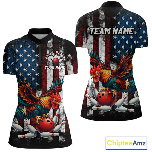 Custom Rooster US Flag Bowling Jersey for Women Bowling Team Shirts Bowling Polo & 1/4 Zip HNT259